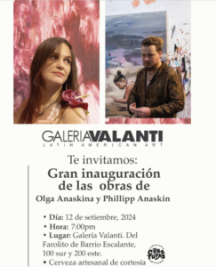 Portraits of Olga Anaskina and Philipp Anaskin side by side, for their arte comtemporaneo exhibition at Galeria Valanti in San José, opening 12 September.